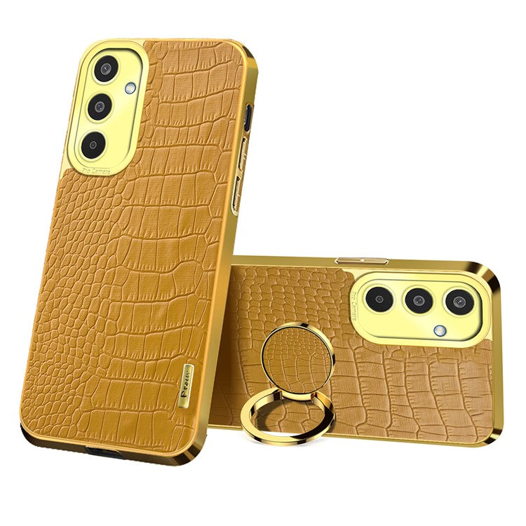 For Samsung Galaxy M35 5G Case Finger Ring Kickstand TPU+Leather 6D Electroplating Phone Cover - Yellow