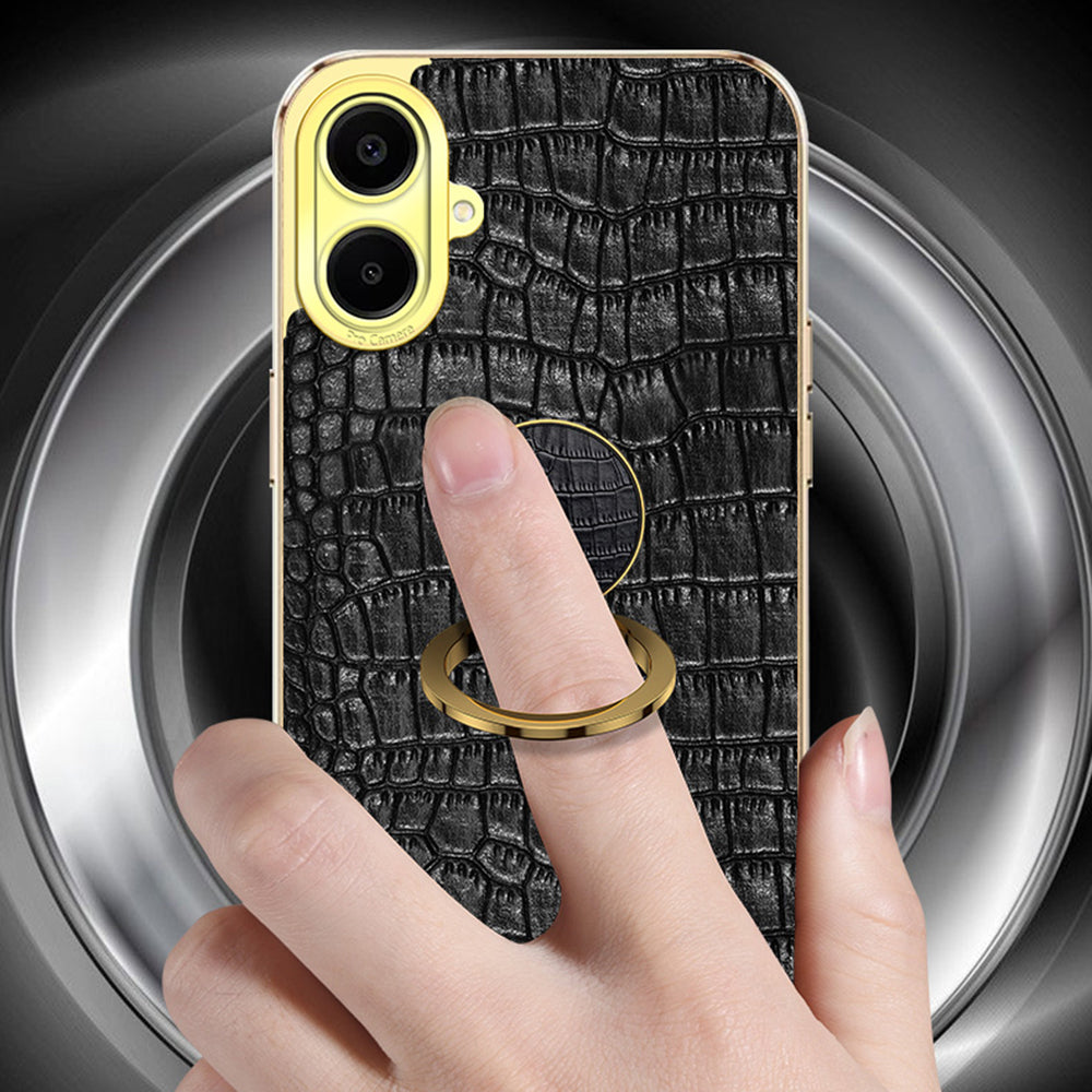 For Samsung Galaxy A06 Case Finger Ring Kickstand TPU+Leather 6D Electroplating Phone Cover - Black