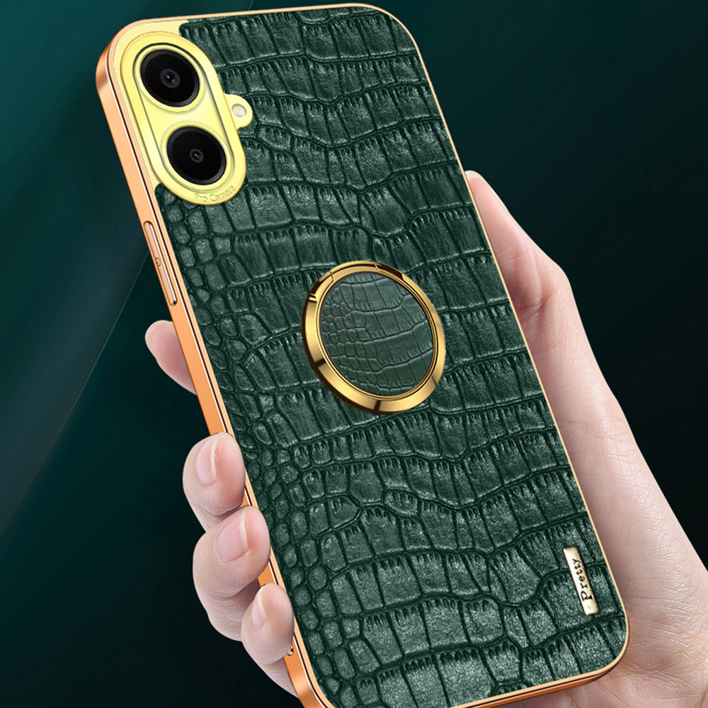 For Samsung Galaxy A06 Case Finger Ring Kickstand TPU+Leather 6D Electroplating Phone Cover - Black