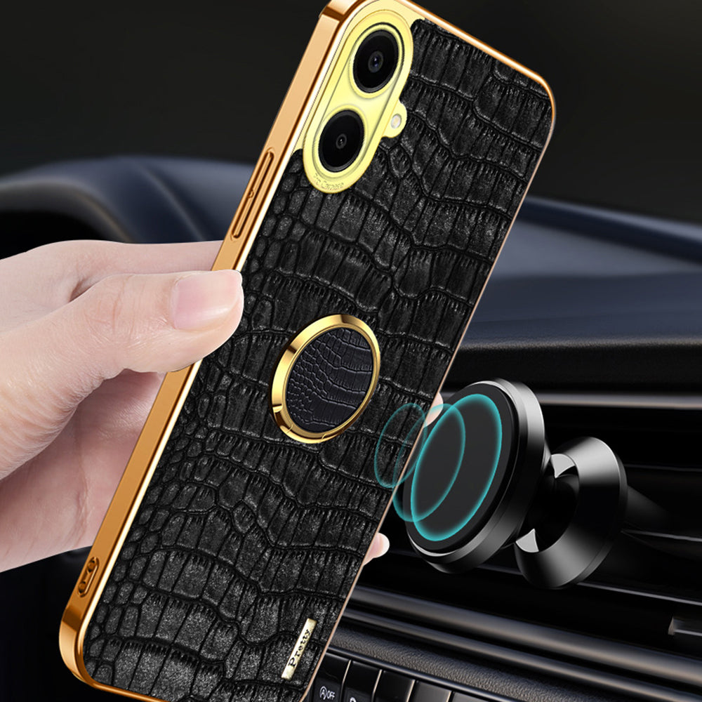 For Samsung Galaxy A06 Case Finger Ring Kickstand TPU+Leather 6D Electroplating Phone Cover - Black