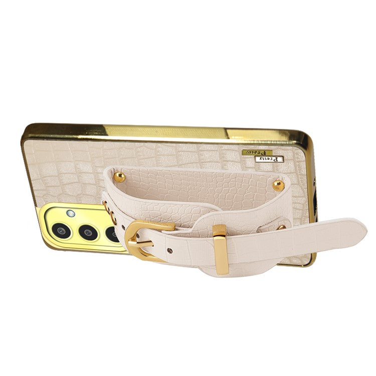 For Samsung Galaxy M35 5G Case Wristband Kickstand PU Leather+TPU 6D Electroplating Phone Cover - White