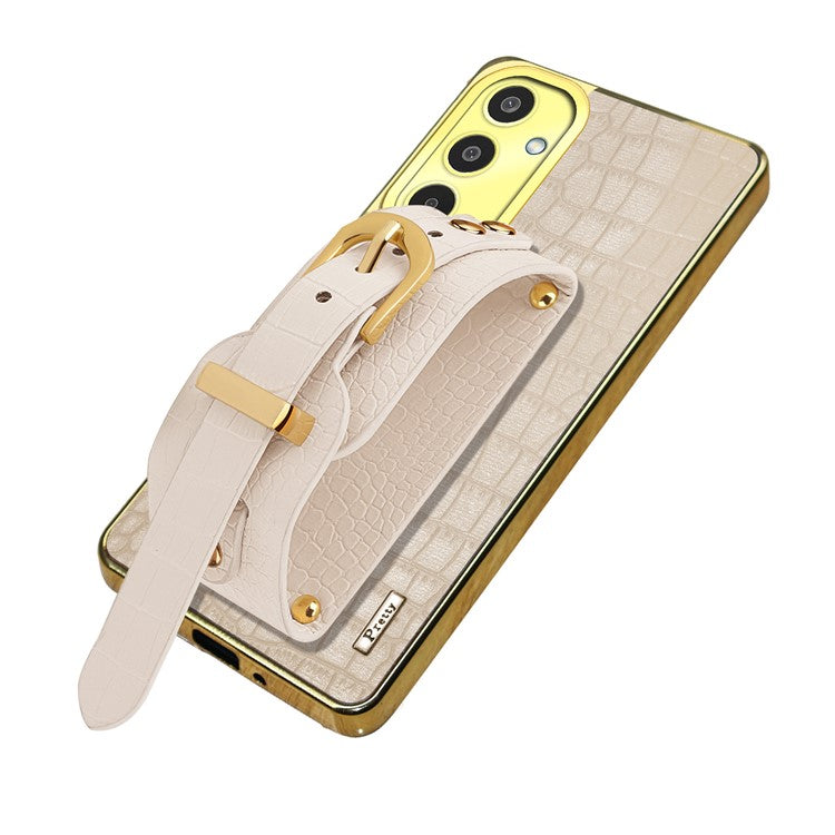 For Samsung Galaxy M35 5G Case Wristband Kickstand PU Leather+TPU 6D Electroplating Phone Cover - White