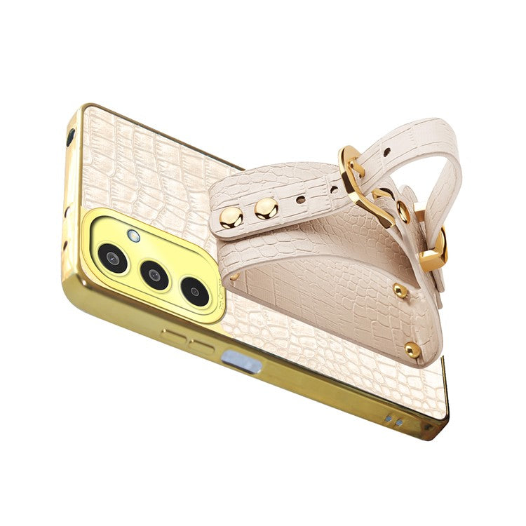 For Samsung Galaxy M35 5G Case Wristband Kickstand PU Leather+TPU 6D Electroplating Phone Cover - White