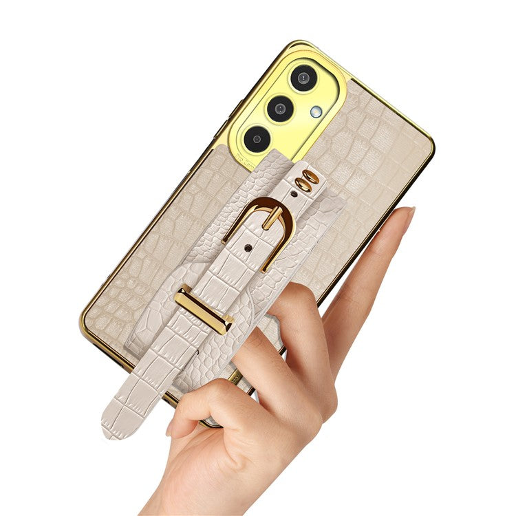 For Samsung Galaxy M35 5G Case Wristband Kickstand PU Leather+TPU 6D Electroplating Phone Cover - White