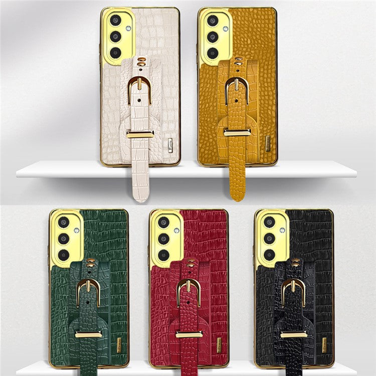 For Samsung Galaxy M35 5G Case Wristband Kickstand PU Leather+TPU 6D Electroplating Phone Cover - Green