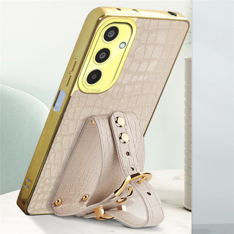 For Samsung Galaxy M35 5G Case Wristband Kickstand PU Leather+TPU 6D Electroplating Phone Cover - Yellow