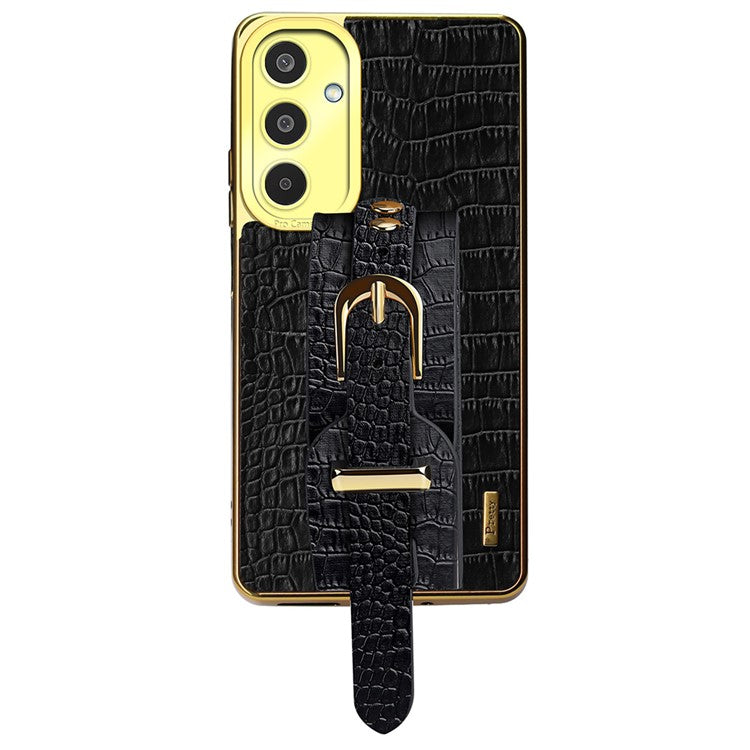 For Samsung Galaxy M35 5G Case Wristband Kickstand PU Leather+TPU 6D Electroplating Phone Cover - Black