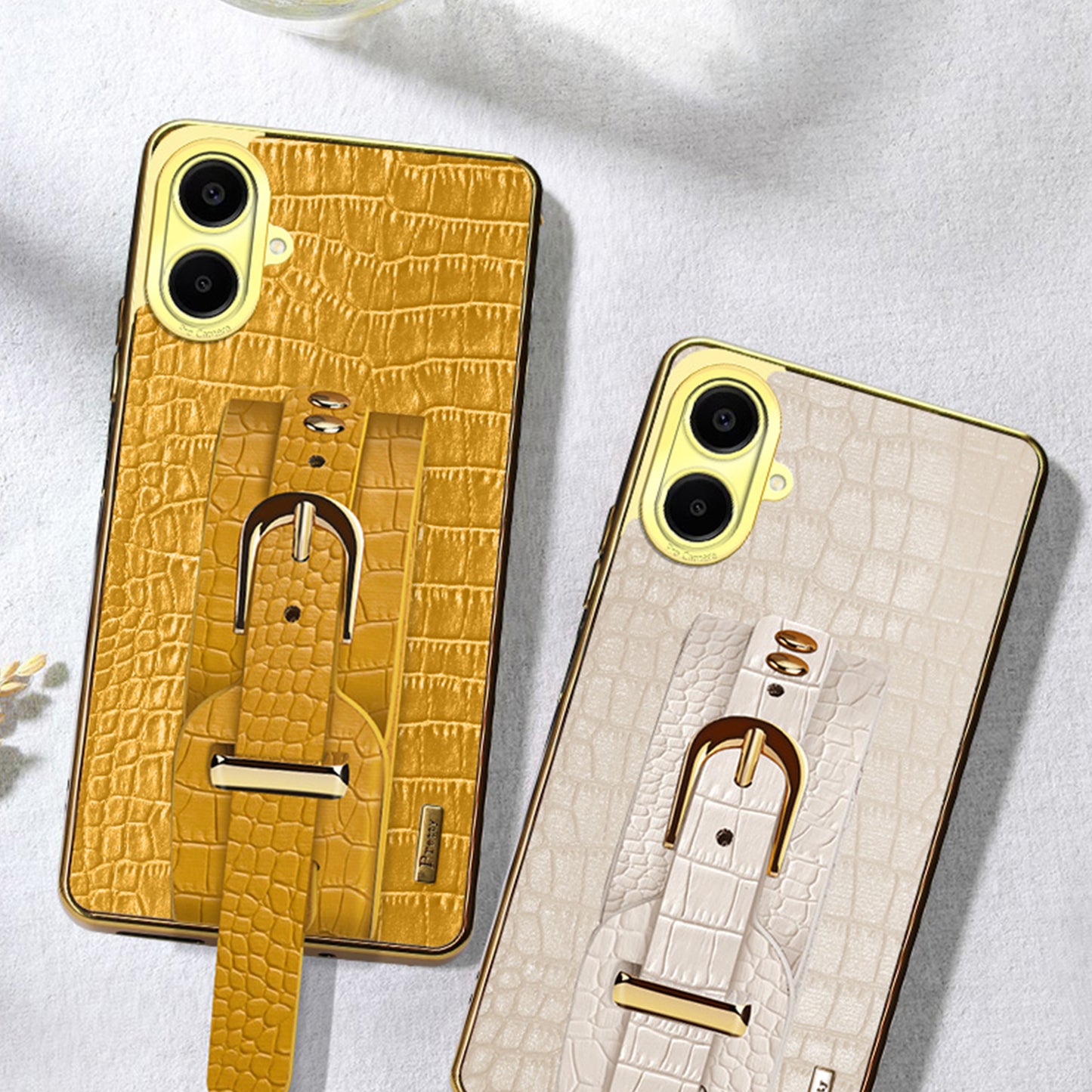 For Samsung Galaxy A06 Case Wristband Kickstand PU Leather+TPU 6D Electroplating Phone Cover - White