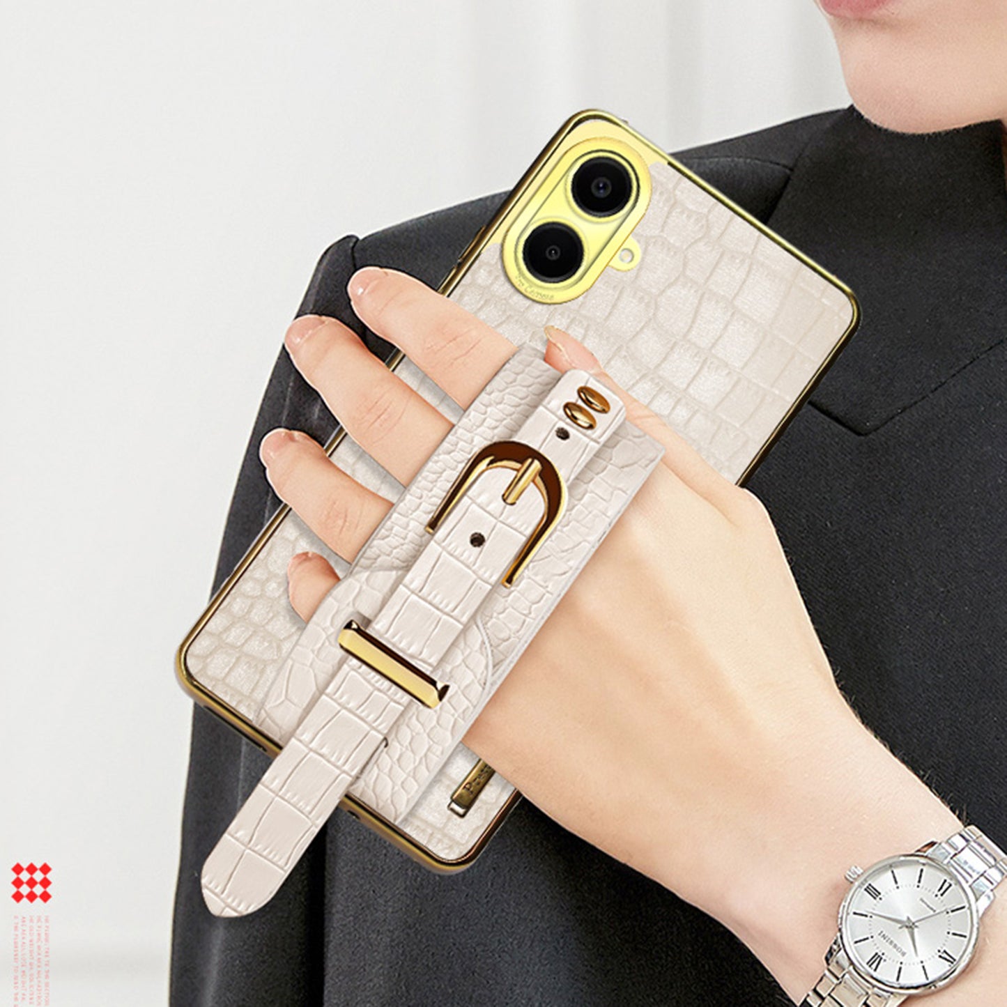 For Samsung Galaxy A06 Case Wristband Kickstand PU Leather+TPU 6D Electroplating Phone Cover - Yellow