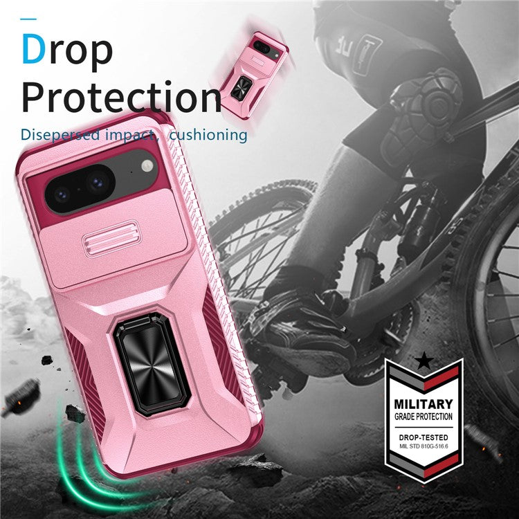 For Google Pixel 8 Case Camshield Kickstand TPU+PC Anti-Slip Phone Cover - Pink+Wine Red