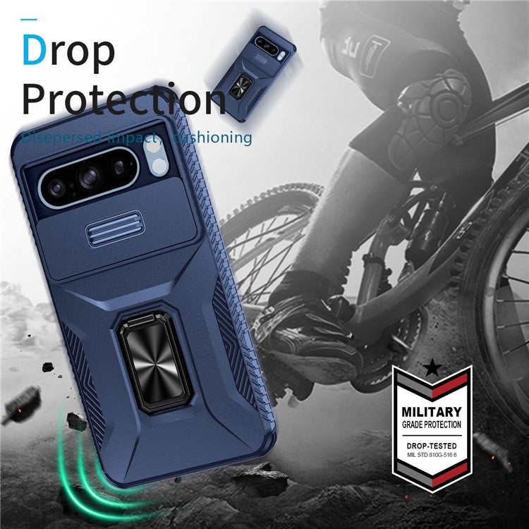 For Google Pixel 8 Pro Case Camshield Kickstand TPU+PC Anti-Slip Phone Cover - Blue