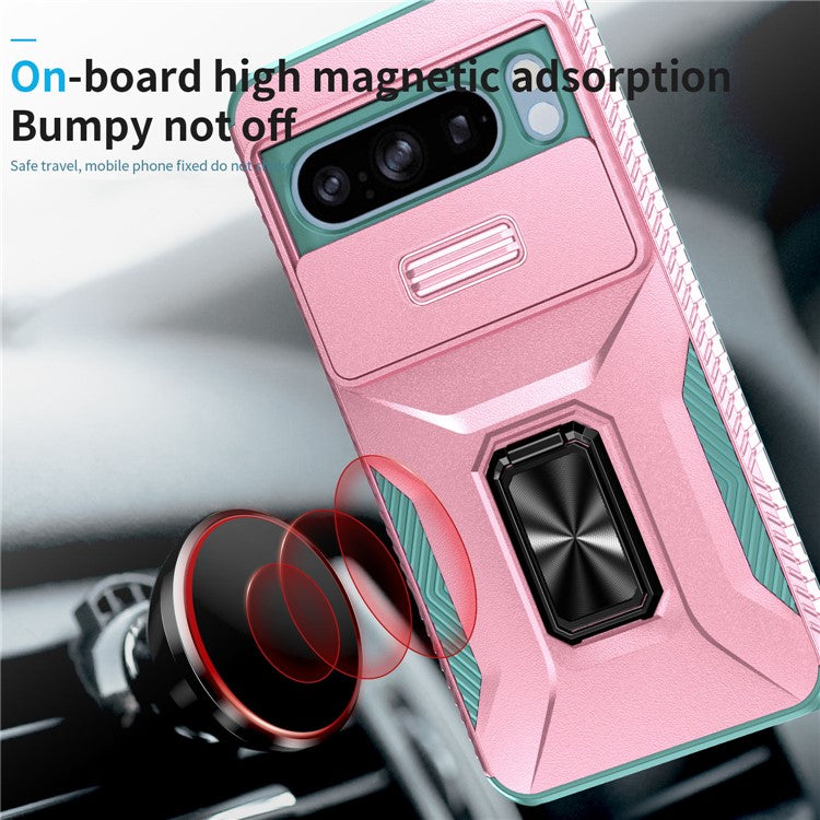 For Google Pixel 8 Pro Case Camshield Kickstand TPU+PC Anti-Slip Phone Cover - Pink+Grey Green