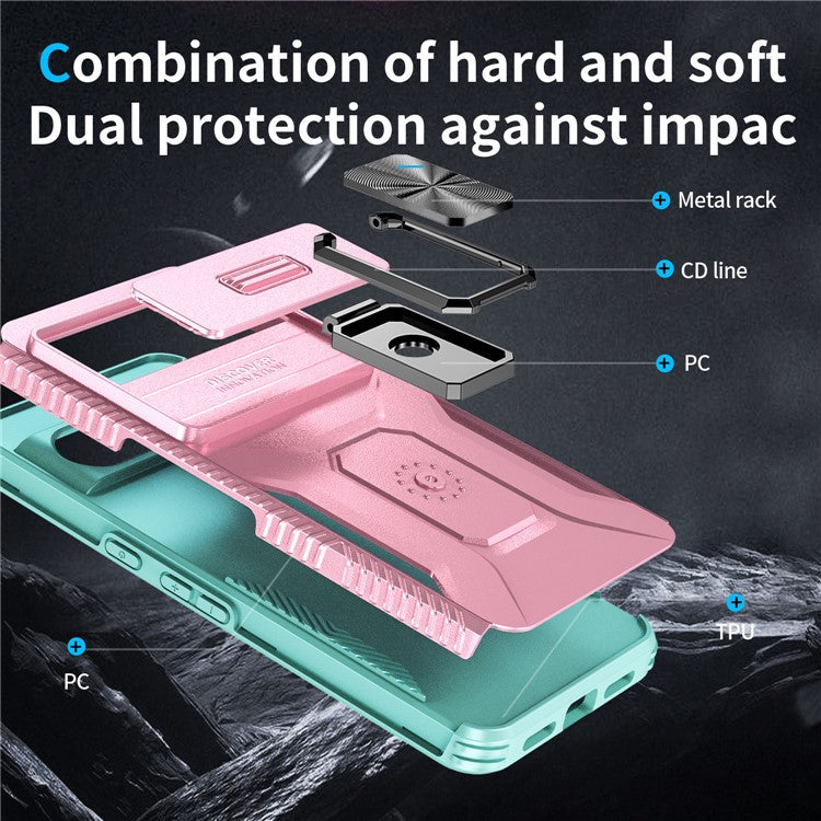 For Google Pixel 8 Pro Case Camshield Kickstand TPU+PC Anti-Slip Phone Cover - Pink+Grey Green