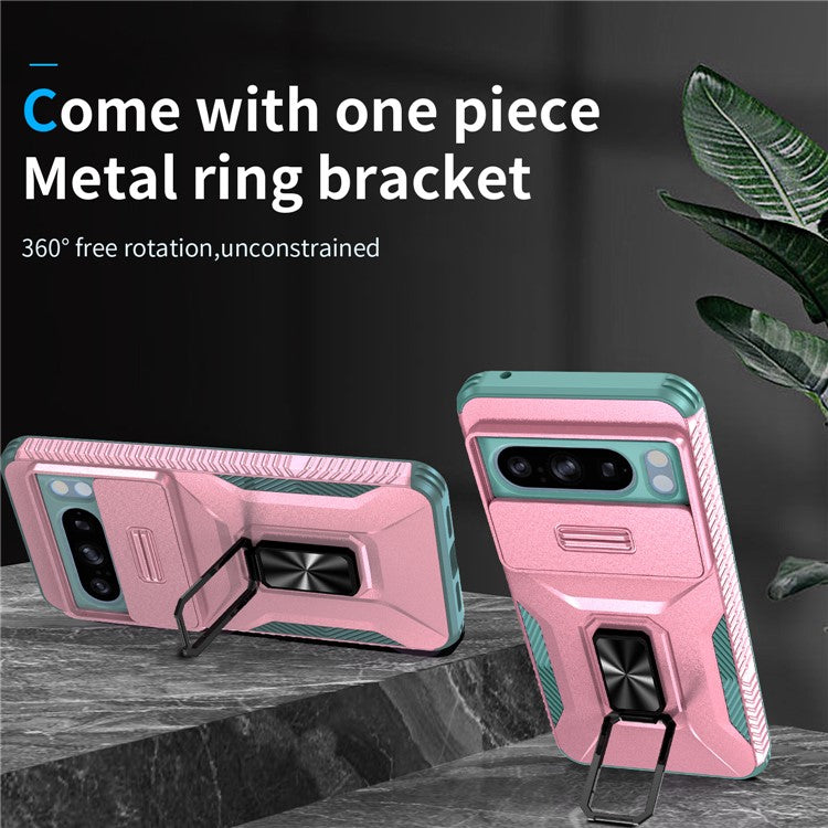 For Google Pixel 8 Pro Case Camshield Kickstand TPU+PC Anti-Slip Phone Cover - Pink+Grey Green