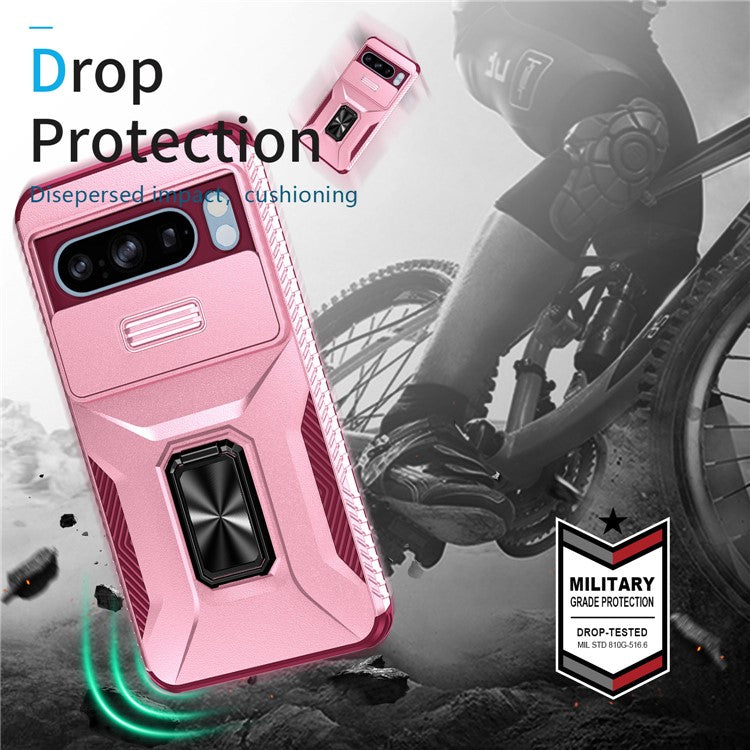 For Google Pixel 8 Pro Case Camshield Kickstand TPU+PC Anti-Slip Phone Cover - Pink+Wine Red