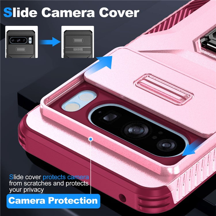 For Google Pixel 8 Pro Case Camshield Kickstand TPU+PC Anti-Slip Phone Cover - Pink+Wine Red