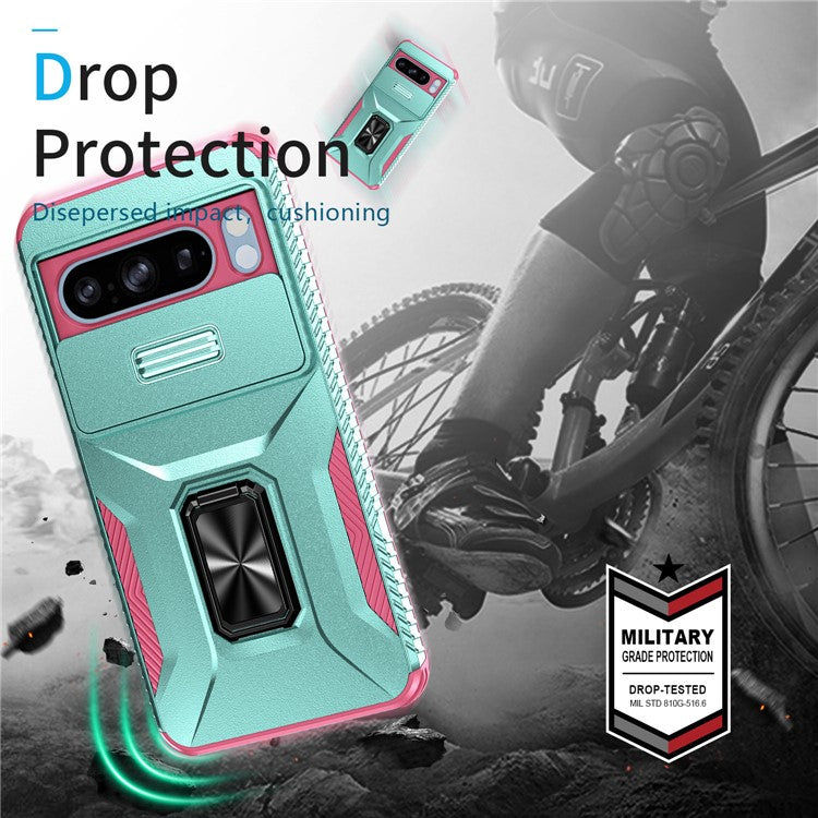 For Google Pixel 8 Pro Case Camshield Kickstand TPU+PC Anti-Slip Phone Cover - Grey Green+Pink