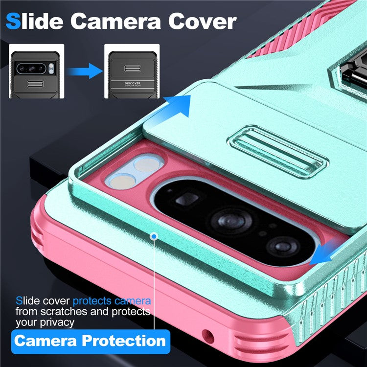 For Google Pixel 8 Pro Case Camshield Kickstand TPU+PC Anti-Slip Phone Cover - Grey Green+Pink