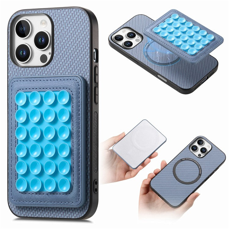 For iPhone 16 Pro Case Carbon Fiber Texture Leather Back Cover with Magnetic Detachable Suction Cup - Blue