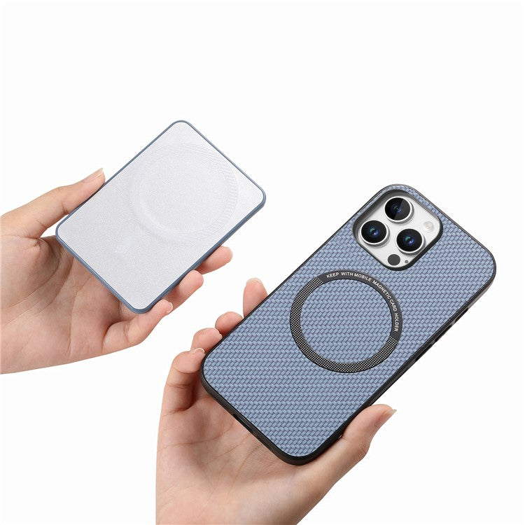 For iPhone 16 Pro Case Carbon Fiber Texture Leather Back Cover with Magnetic Detachable Suction Cup - Blue
