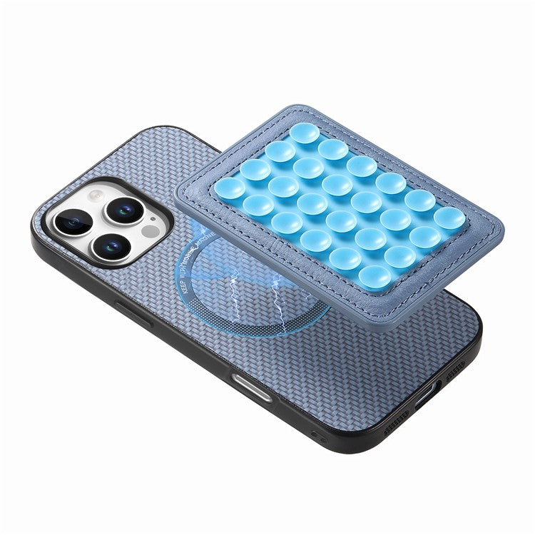 For iPhone 16 Pro Case Carbon Fiber Texture Leather Back Cover with Magnetic Detachable Suction Cup - Blue