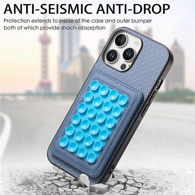 For iPhone 16 Pro Case Carbon Fiber Texture Leather Back Cover with Magnetic Detachable Suction Cup - Blue