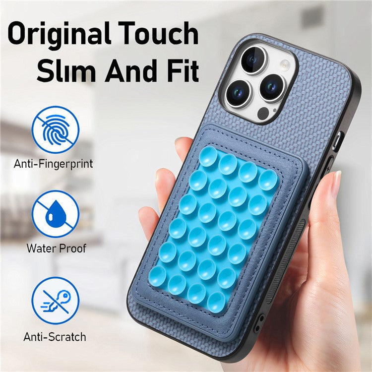 For iPhone 16 Pro Case Carbon Fiber Texture Leather Back Cover with Magnetic Detachable Suction Cup - Blue
