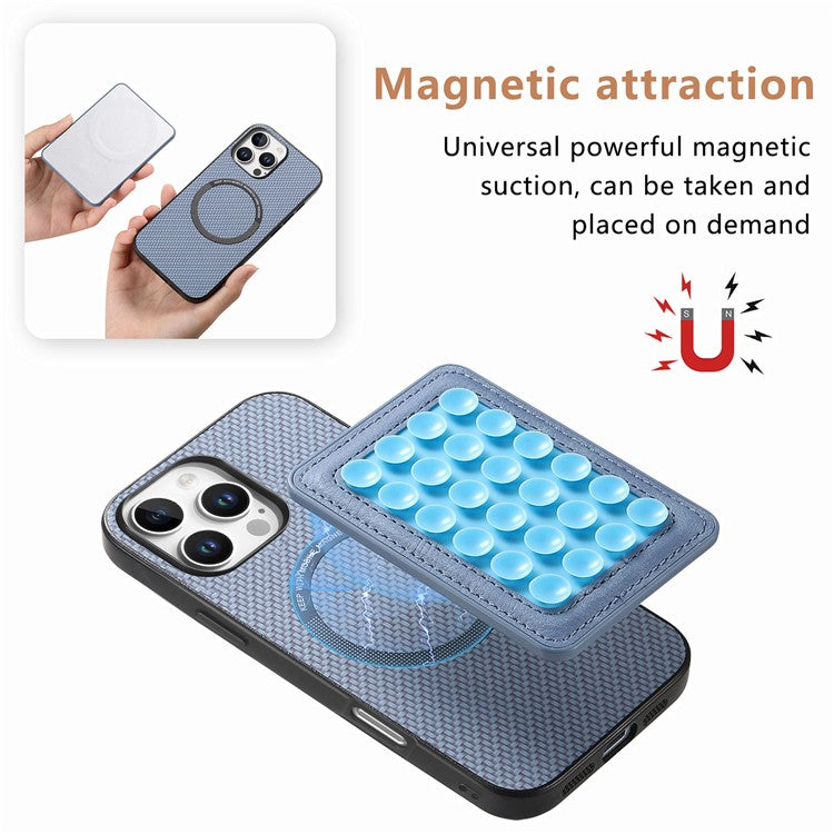 For iPhone 16 Pro Case Carbon Fiber Texture Leather Back Cover with Magnetic Detachable Suction Cup - Blue