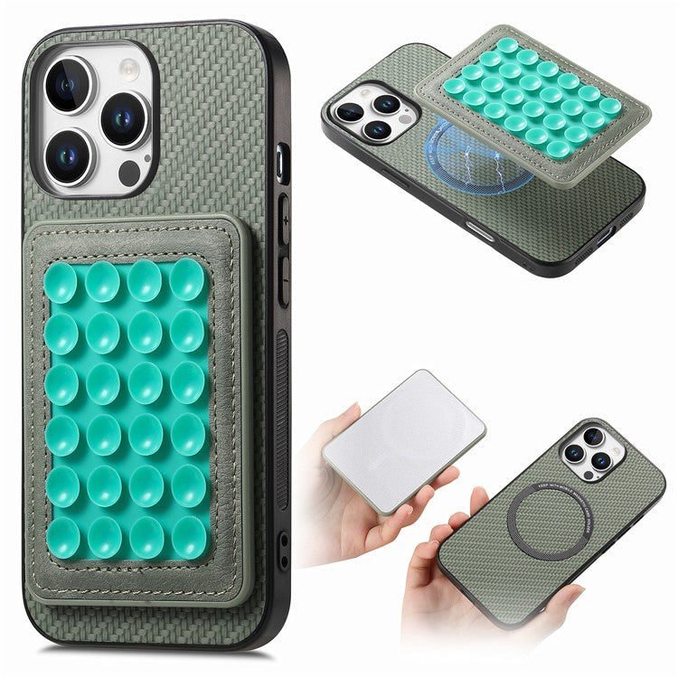 For iPhone 16 Pro Case Carbon Fiber Texture Leather Back Cover with Magnetic Detachable Suction Cup - Green