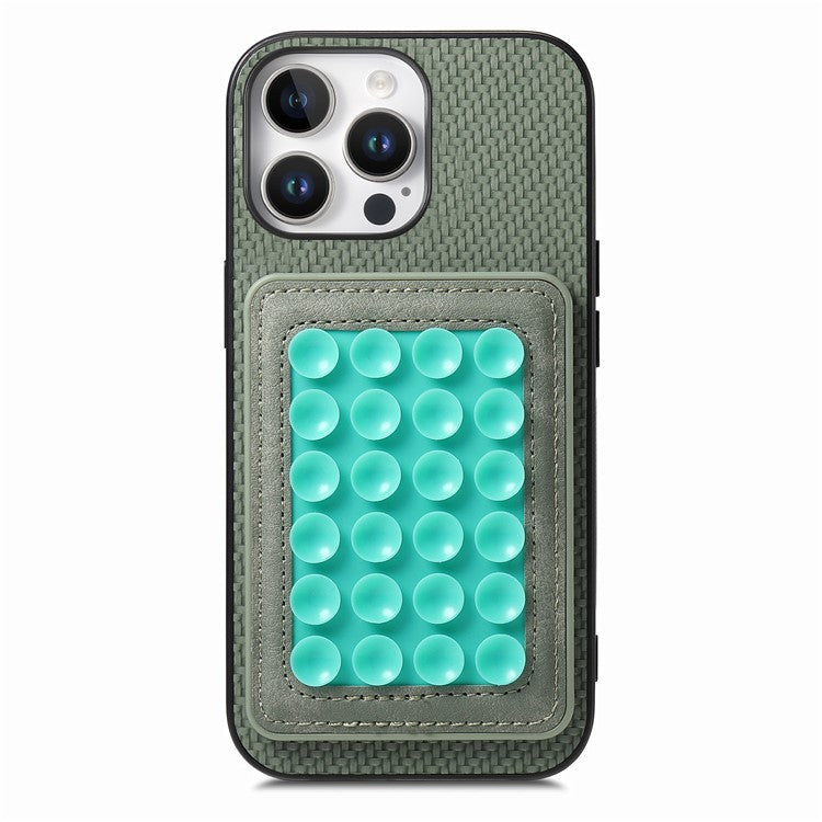 For iPhone 16 Pro Case Carbon Fiber Texture Leather Back Cover with Magnetic Detachable Suction Cup - Green