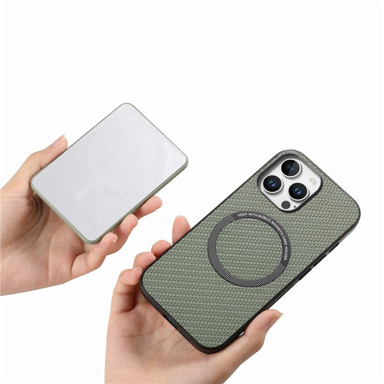 For iPhone 16 Pro Case Carbon Fiber Texture Leather Back Cover with Magnetic Detachable Suction Cup - Green
