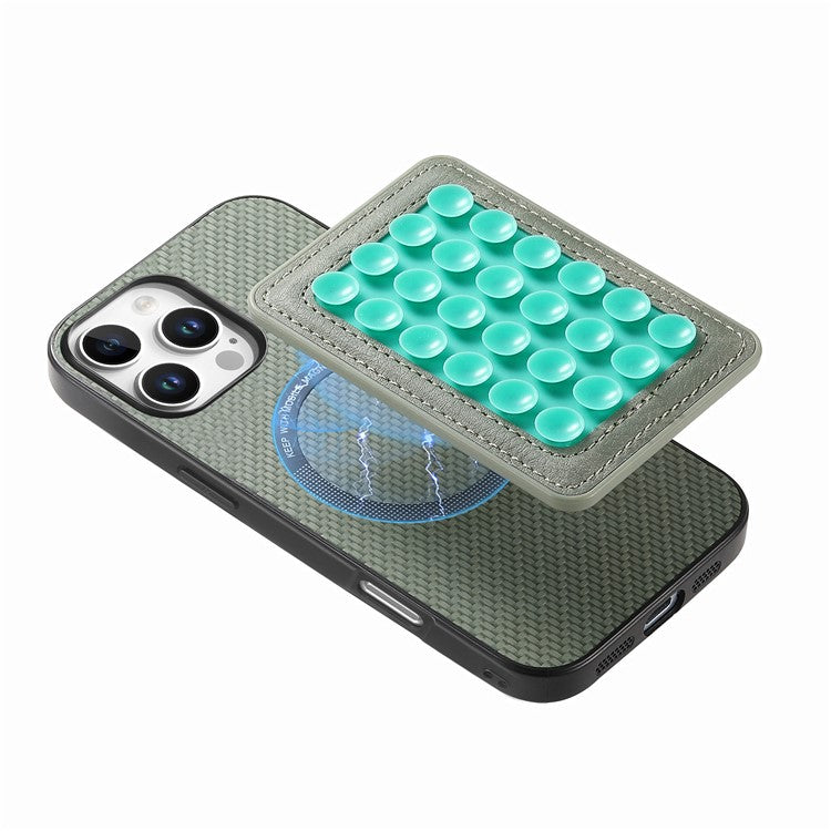 For iPhone 16 Pro Case Carbon Fiber Texture Leather Back Cover with Magnetic Detachable Suction Cup - Green