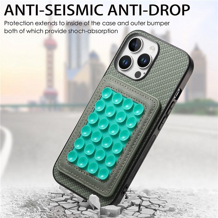 For iPhone 16 Pro Case Carbon Fiber Texture Leather Back Cover with Magnetic Detachable Suction Cup - Green