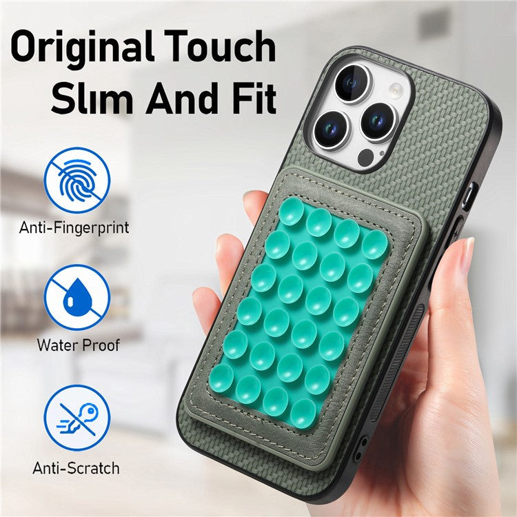 For iPhone 16 Pro Case Carbon Fiber Texture Leather Back Cover with Magnetic Detachable Suction Cup - Green