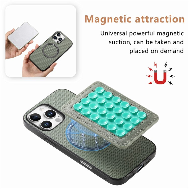 For iPhone 16 Pro Case Carbon Fiber Texture Leather Back Cover with Magnetic Detachable Suction Cup - Green