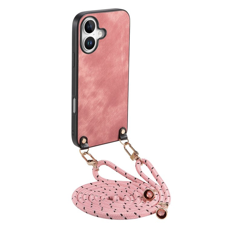 For iPhone 16 Case Retro Texture Leather Coated PC+TPU Phone Cover with Hanging Rope - Pink