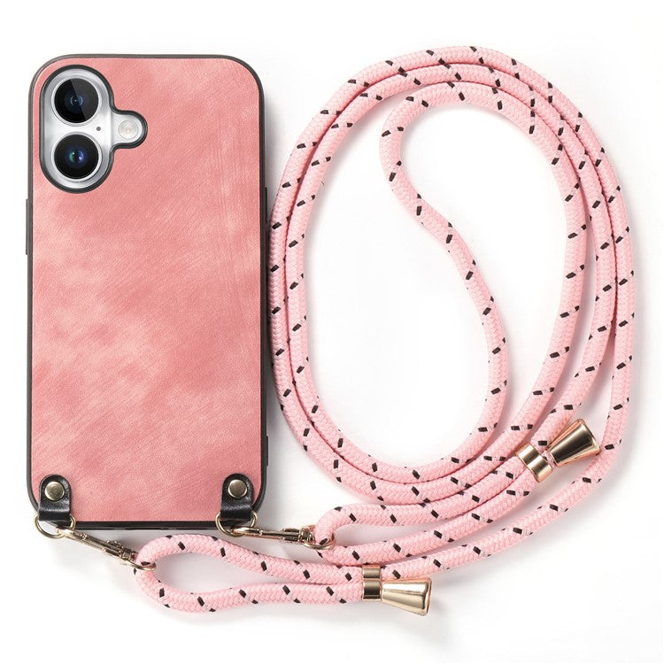 For iPhone 16 Case Retro Texture Leather Coated PC+TPU Phone Cover with Hanging Rope - Pink