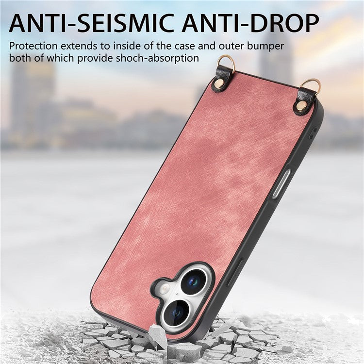 For iPhone 16 Case Retro Texture Leather Coated PC+TPU Phone Cover with Hanging Rope - Pink