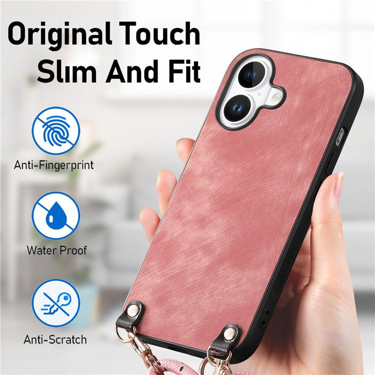 For iPhone 16 Case Retro Texture Leather Coated PC+TPU Phone Cover with Hanging Rope - Pink