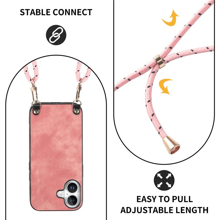 For iPhone 16 Case Retro Texture Leather Coated PC+TPU Phone Cover with Hanging Rope - Pink