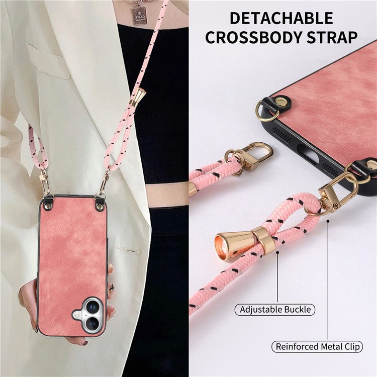 For iPhone 16 Case Retro Texture Leather Coated PC+TPU Phone Cover with Hanging Rope - Pink