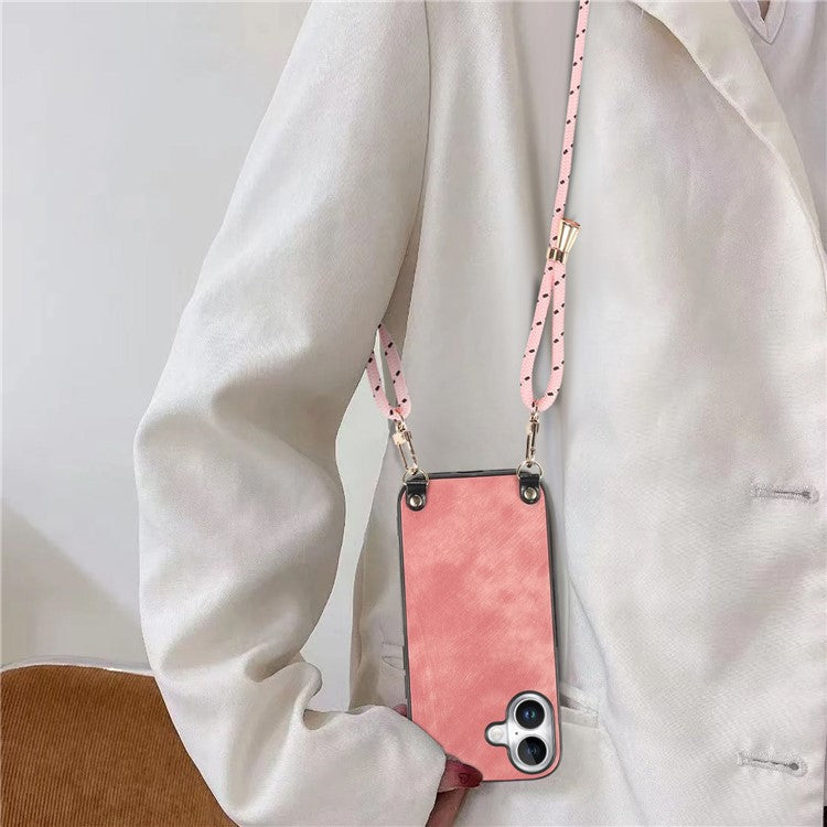 For iPhone 16 Case Retro Texture Leather Coated PC+TPU Phone Cover with Hanging Rope - Pink