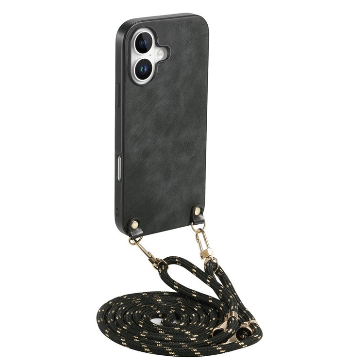For iPhone 16 Plus Case Retro Texture Leather Coated PC+TPU Phone Cover with Hanging Rope - Black