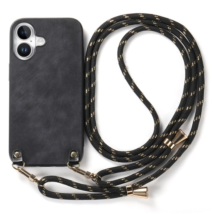 For iPhone 16 Plus Case Retro Texture Leather Coated PC+TPU Phone Cover with Hanging Rope - Black