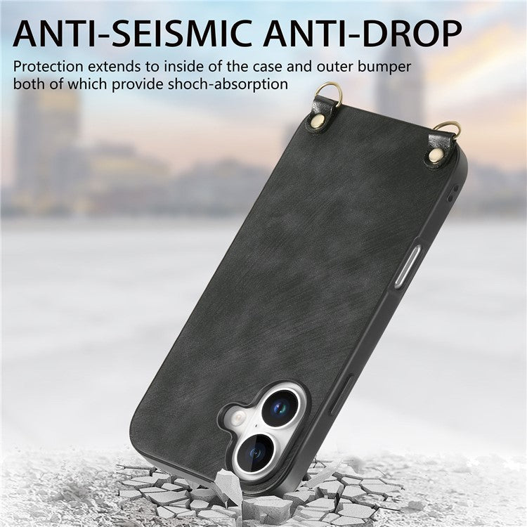 For iPhone 16 Plus Case Retro Texture Leather Coated PC+TPU Phone Cover with Hanging Rope - Black