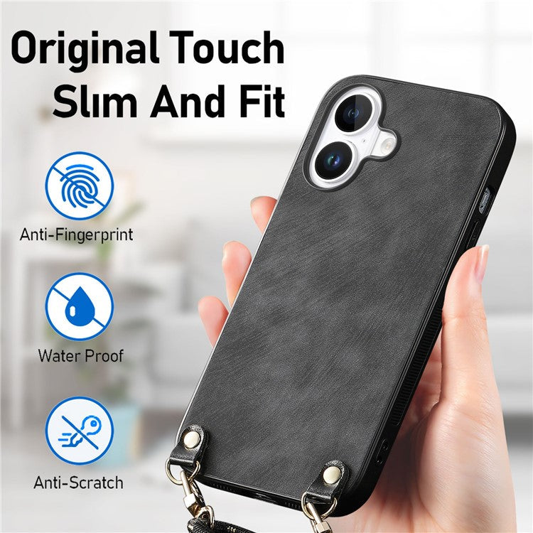 For iPhone 16 Plus Case Retro Texture Leather Coated PC+TPU Phone Cover with Hanging Rope - Black