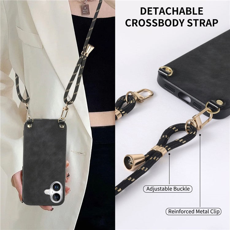 For iPhone 16 Plus Case Retro Texture Leather Coated PC+TPU Phone Cover with Hanging Rope - Black
