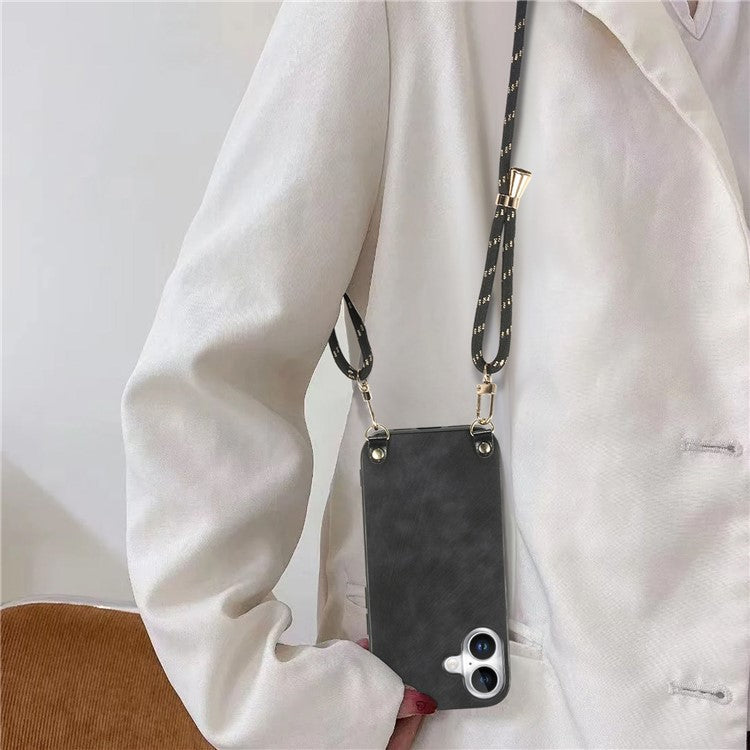 For iPhone 16 Plus Case Retro Texture Leather Coated PC+TPU Phone Cover with Hanging Rope - Black