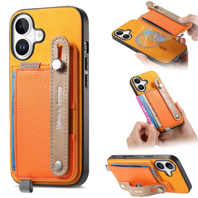 For iPhone 16 Case Wristband Kickstand Leather+TPU Phone Cover Detachable Card Holder - Orange