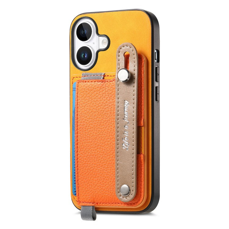 For iPhone 16 Case Wristband Kickstand Leather+TPU Phone Cover Detachable Card Holder - Orange